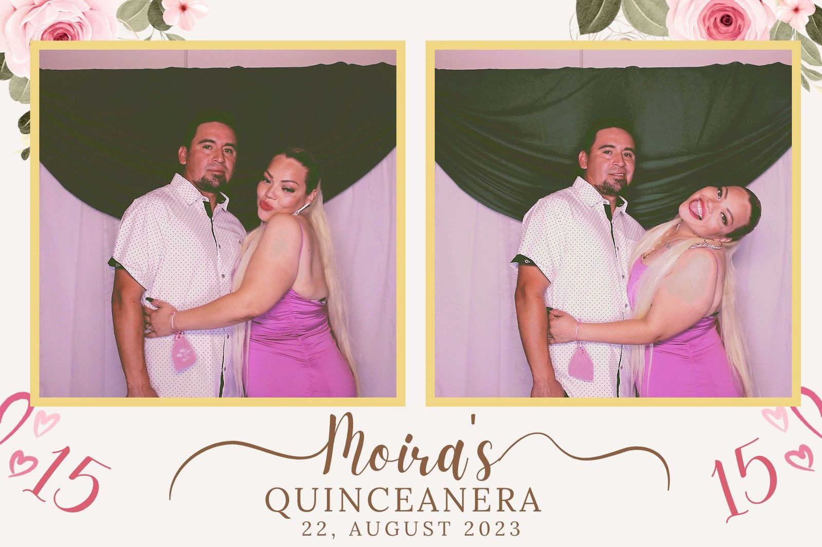 Couple posing in white and purple outfits at a quinceañera celebration.