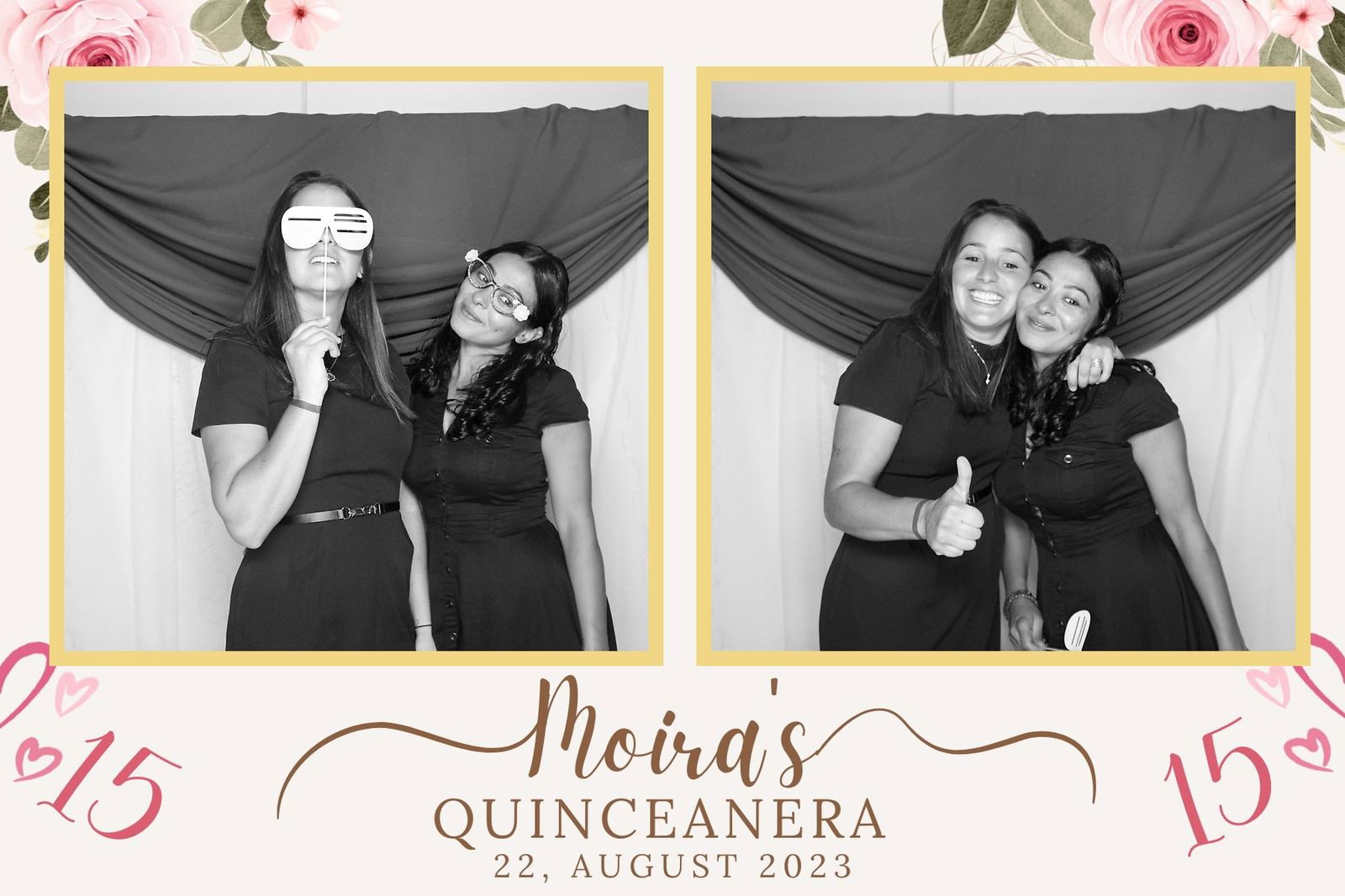 Two girls posing playfully in black and white photos at Moira's quinceañera.