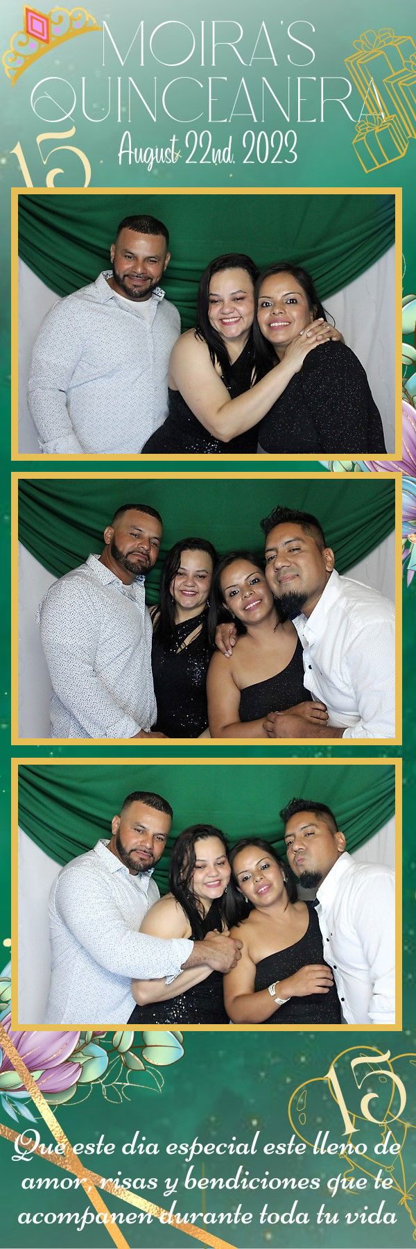 Four friends posing closely together and smiling at a party.