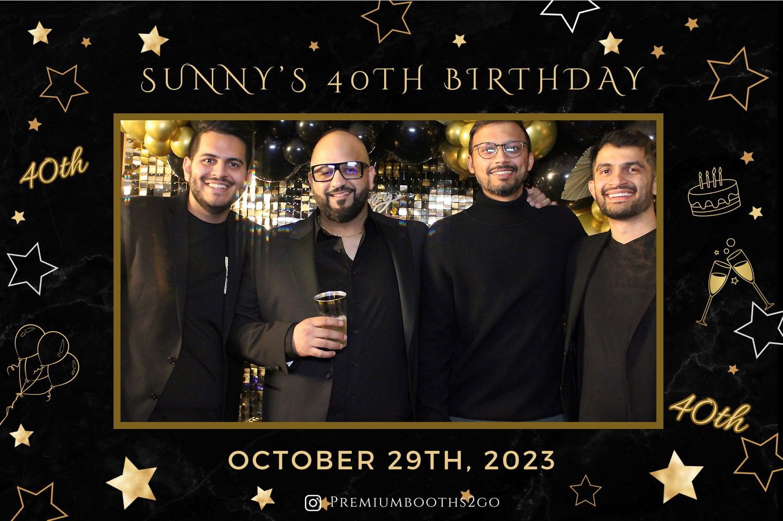 Four men celebrating Sunny's 40th birthday in a cozy bar.