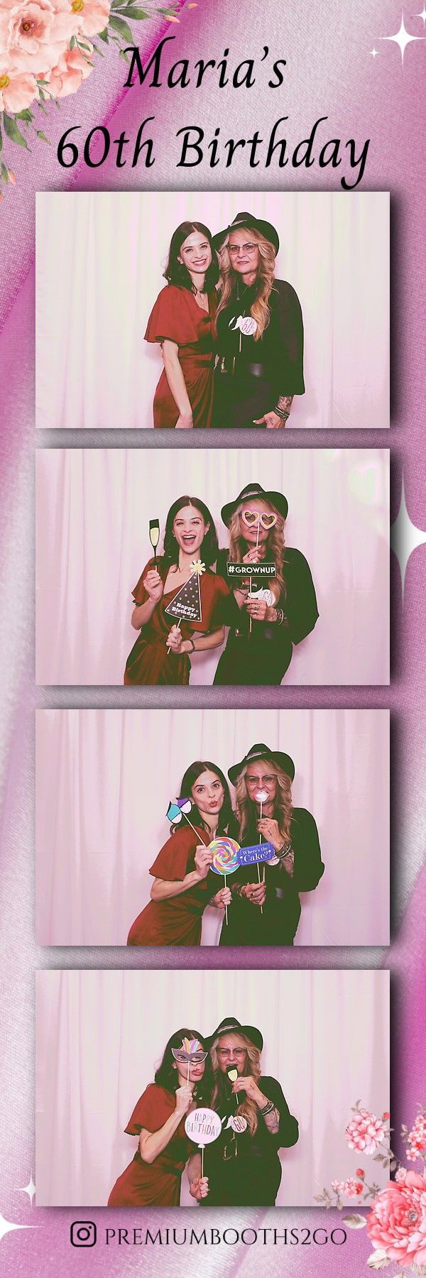 Two young women posing with props in a photo booth.