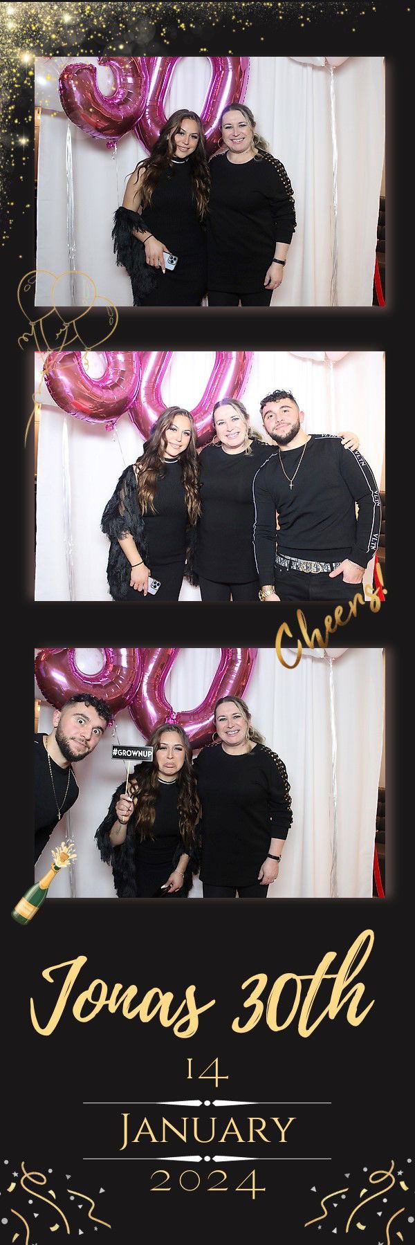Three friends posing together in front of a festive backdrop with balloons.