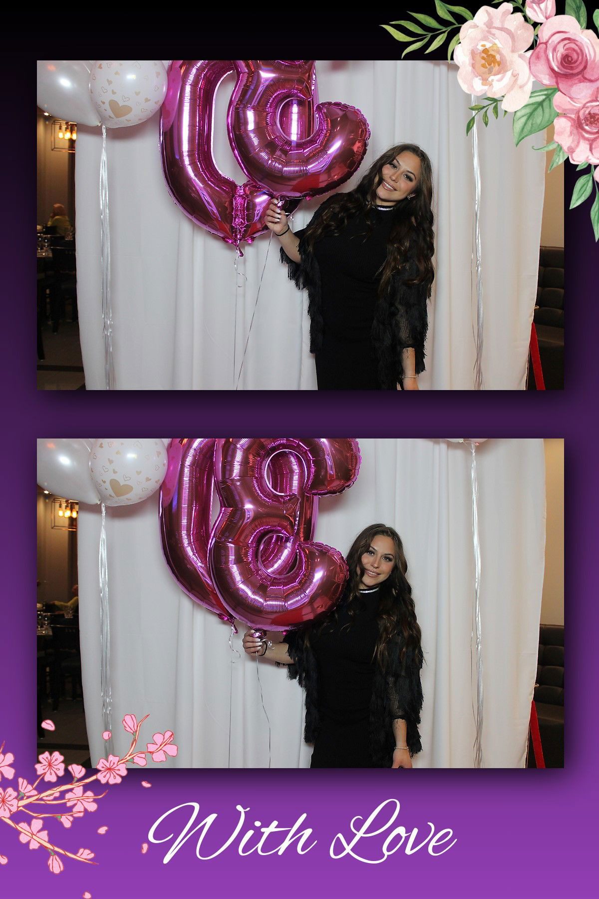 Woman in black dress holding large pink balloons with number 8.