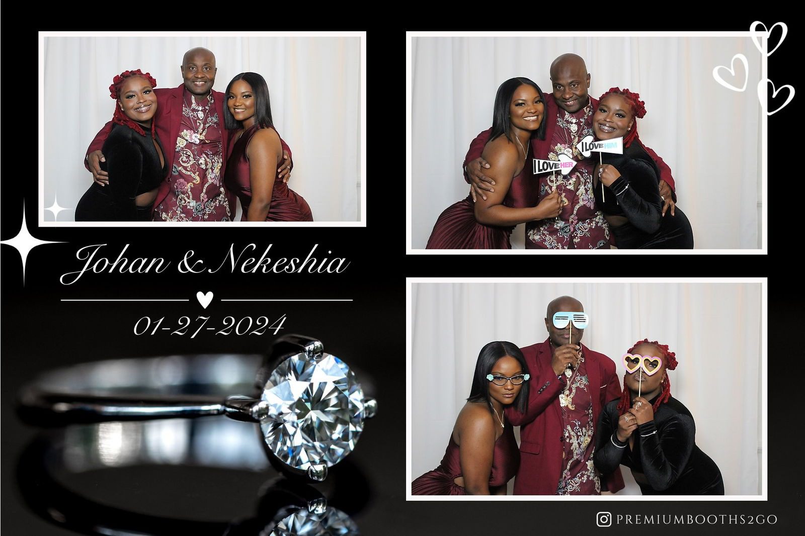 Couple celebrating their wedding day with family and diamond rings.