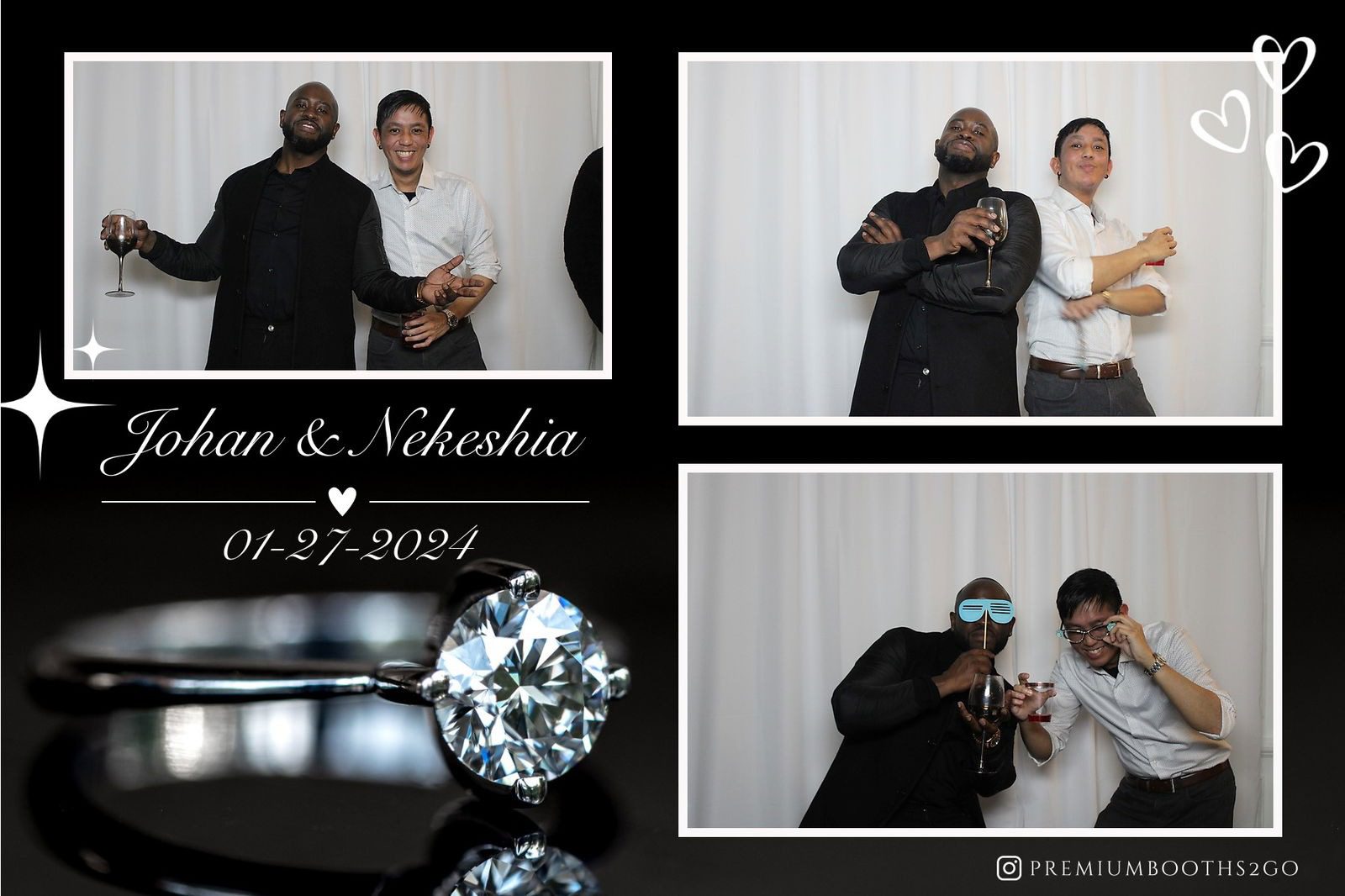 A couple poses together in a wedding photo collage with a diamond ring close-up.