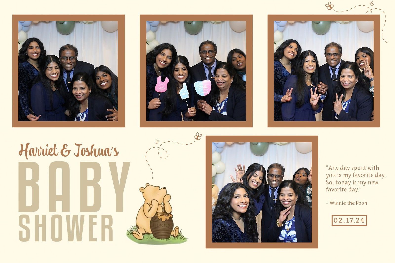 Group of friends celebrating at Joshua's baby shower with Winnie the Pooh theme.