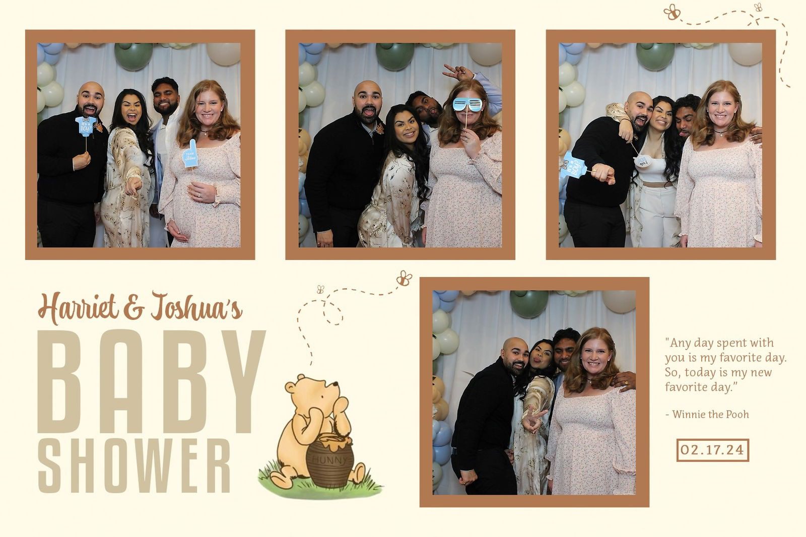 Family celebrating a baby shower with joyful poses in a photo booth.