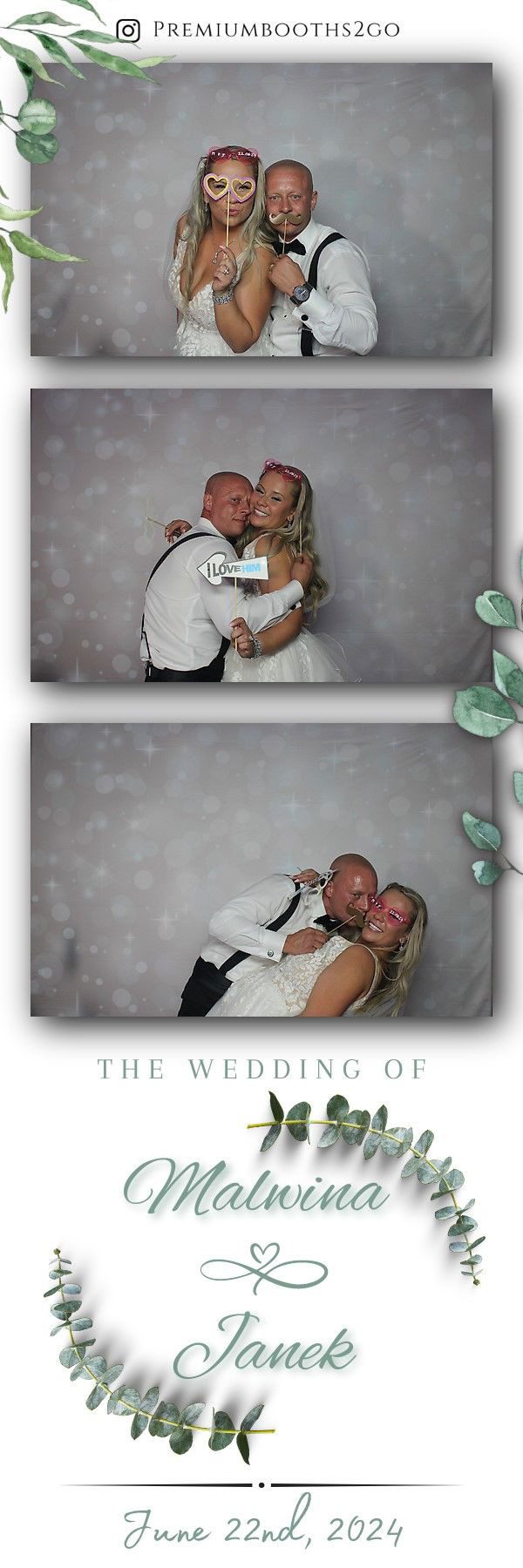 Couple embraces and laughs in a photo booth with a festive backdrop.
