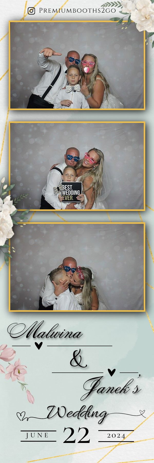 A couple poses playfully in a photo booth with a 'Team Bride' sign.
