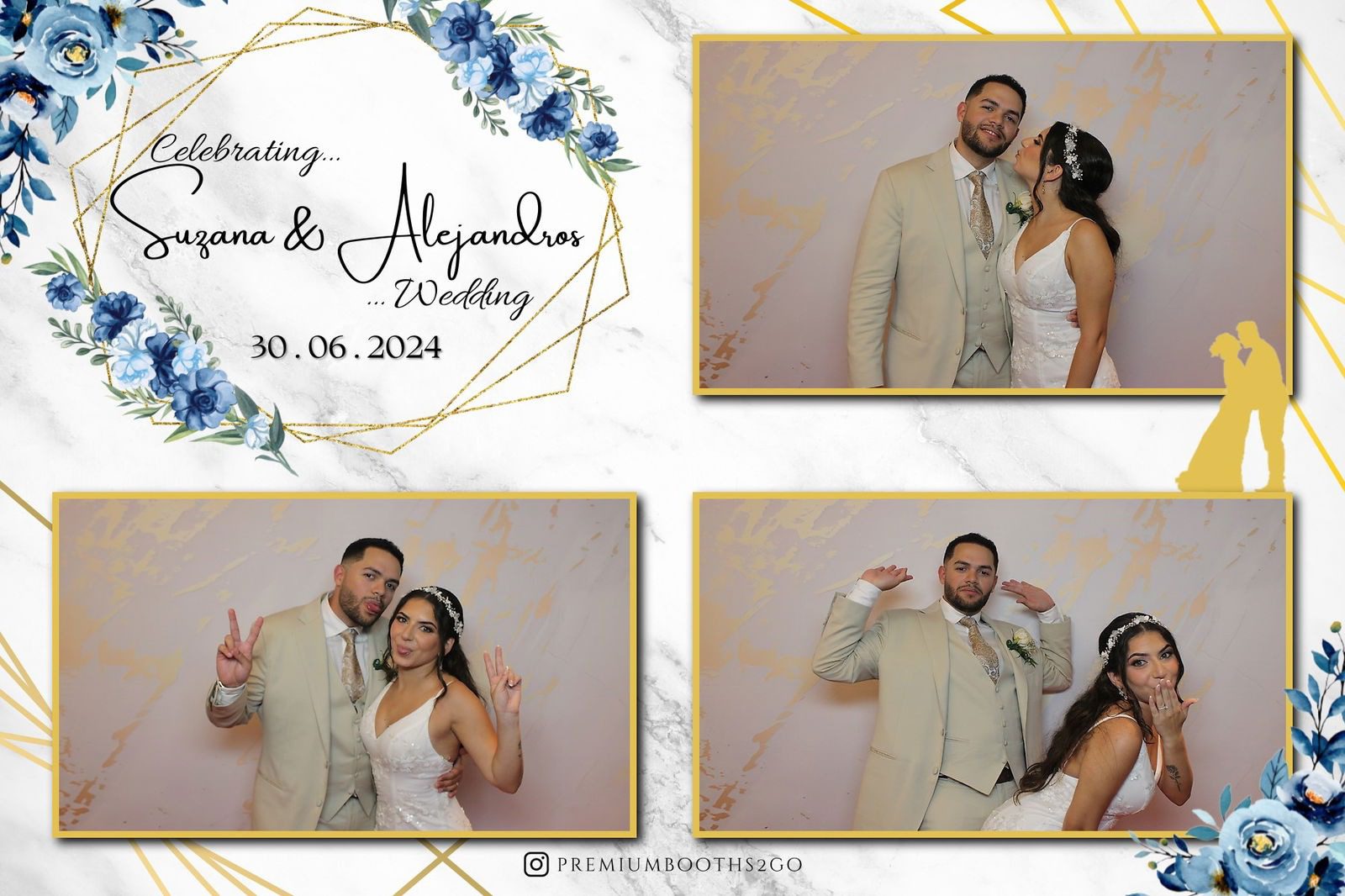 Bride and groom in elegant wedding attire posing playfully in photo booth.