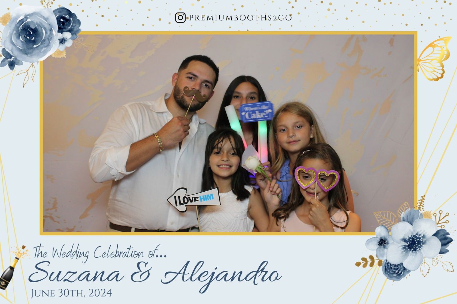 Family celebrating with colorful props and smiles.
