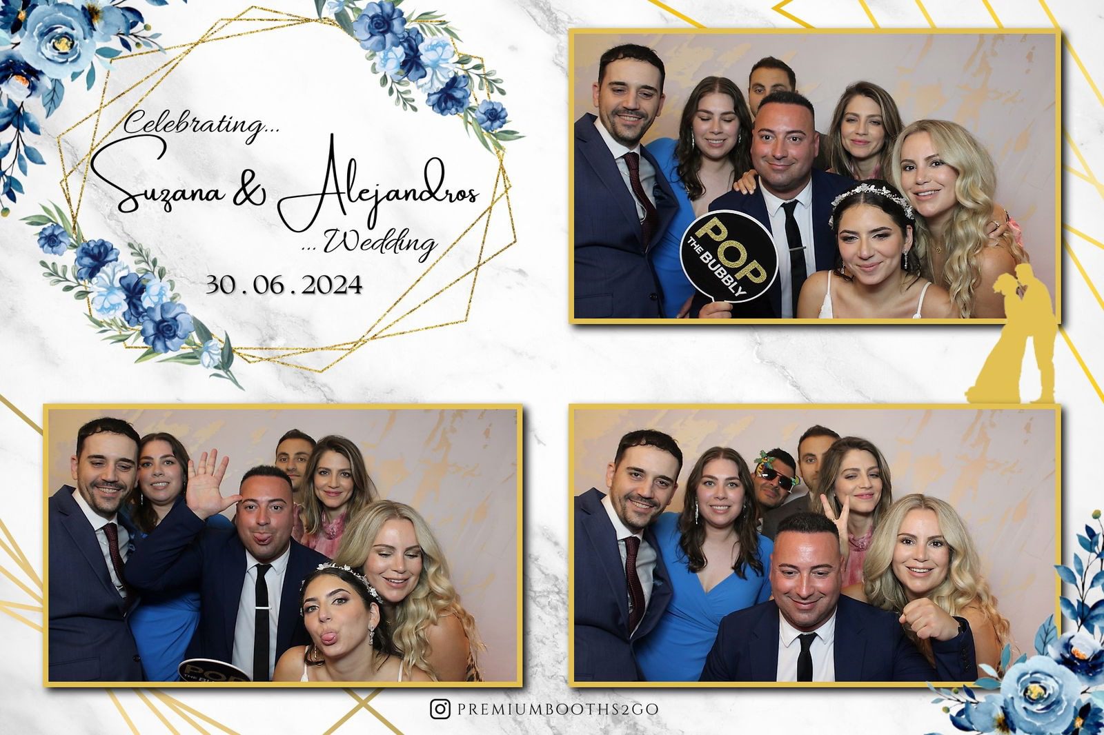 A collage of joyful wedding guests posing in photo booth frames.
