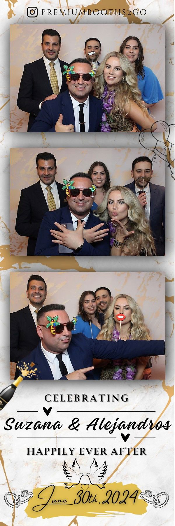 Friends having fun posing with props in a photo booth.