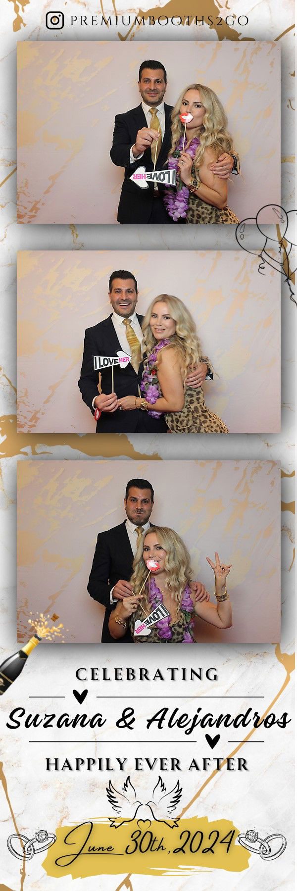 Couple posing with playful props in a photo booth.