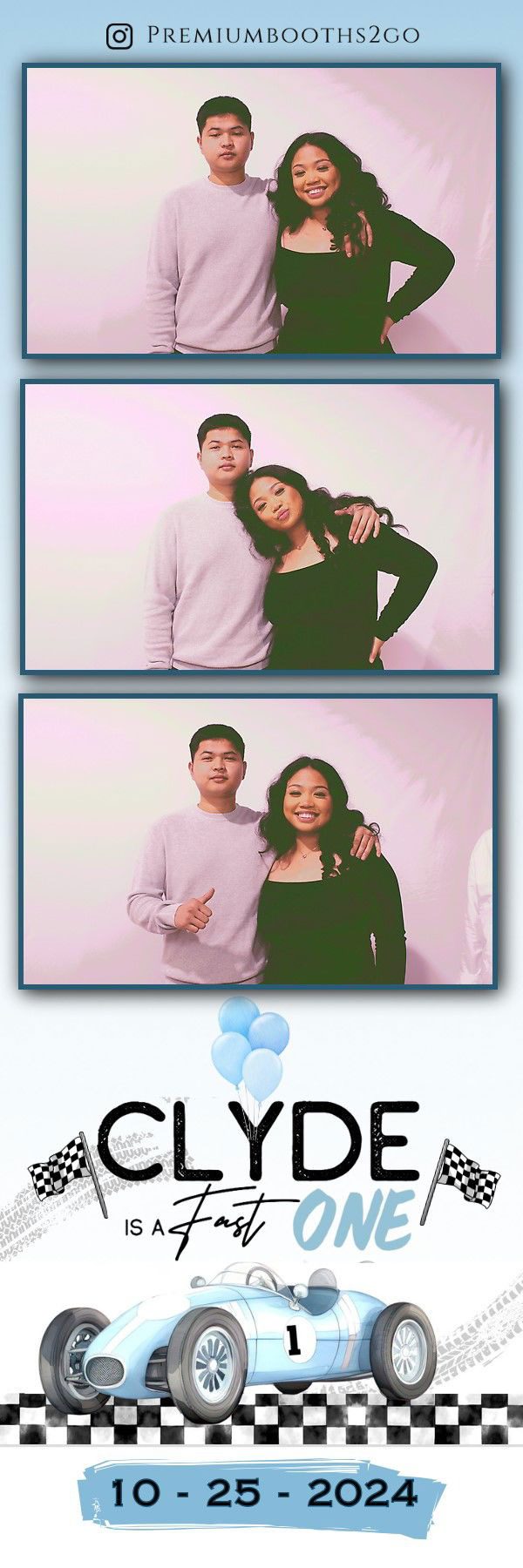 Two people posing happily in a photo booth with pastel background.