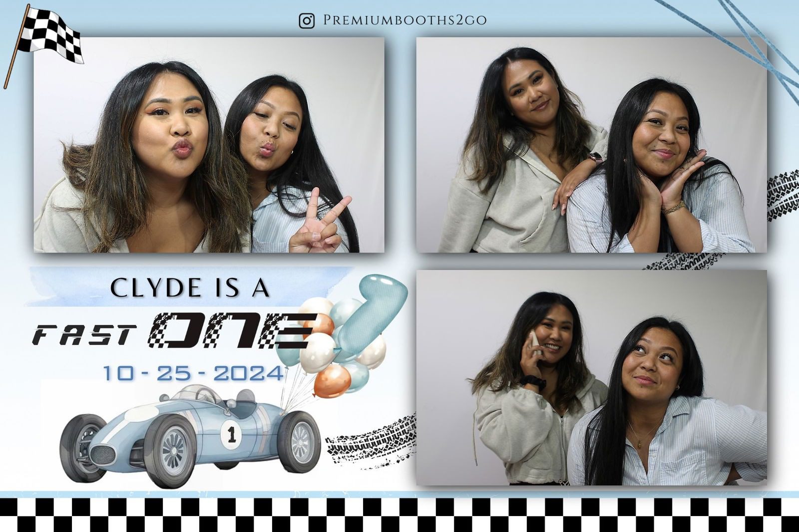 Two young women posing playfully in a photo booth with a race car theme.
