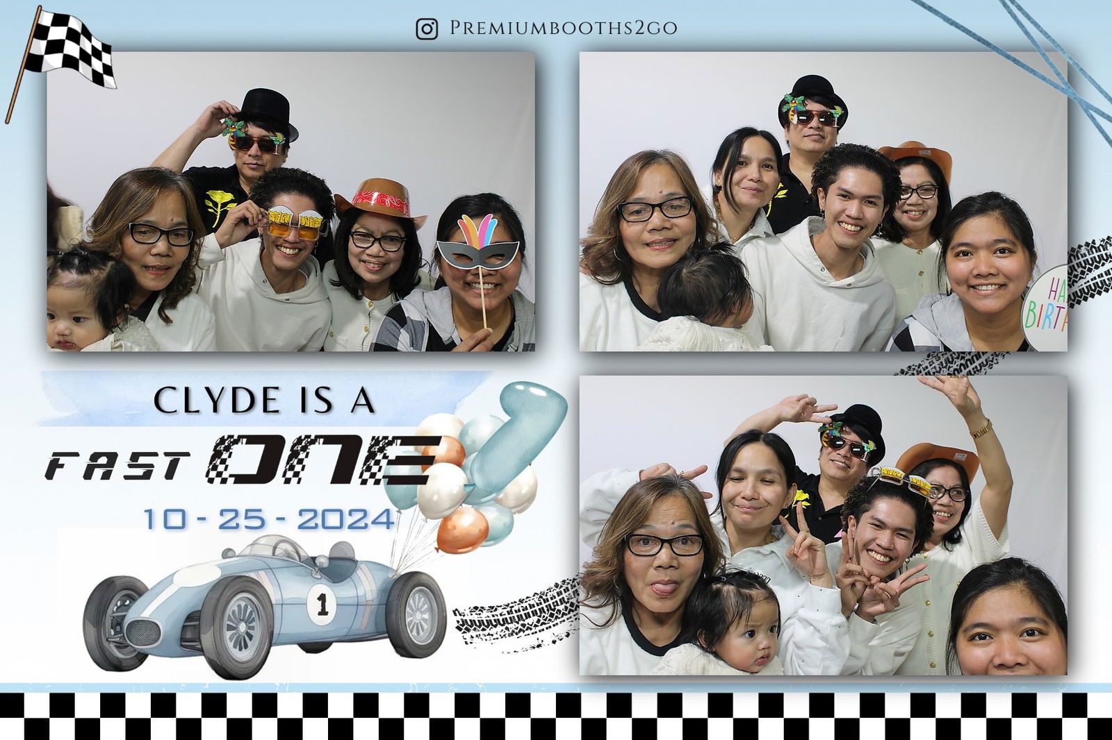 Group of people smiling in a James Bond themed photo collage with a race car illustration.