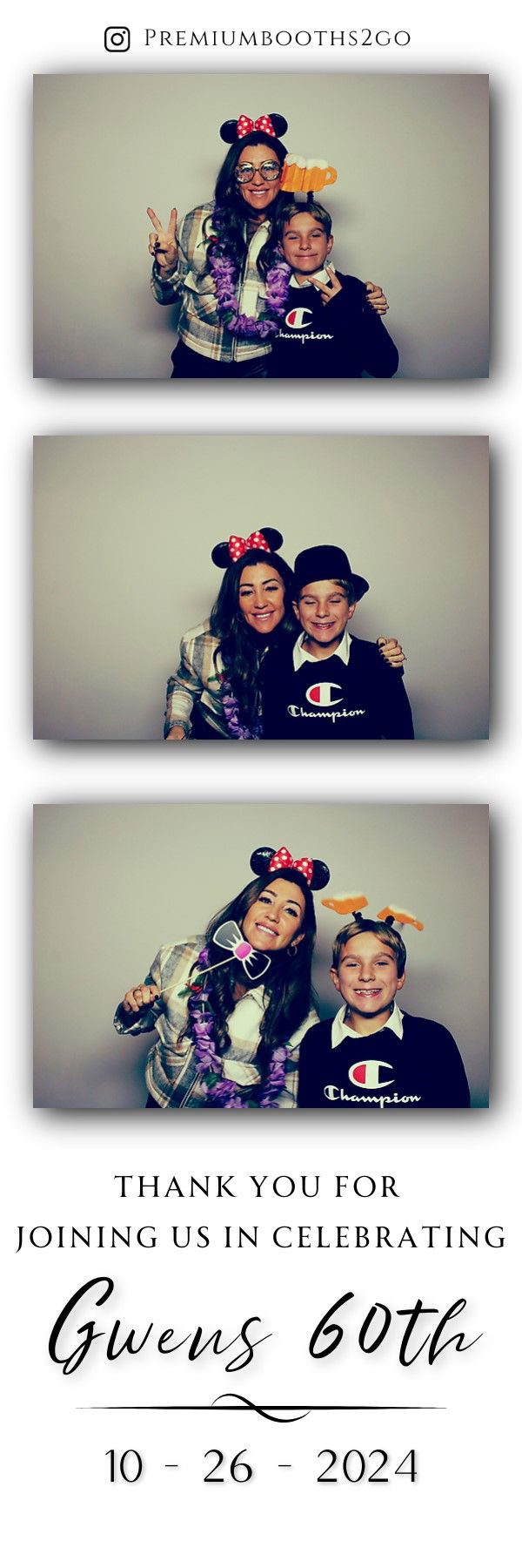 Two friends posing in fun photo booth pictures with headbands and hats.