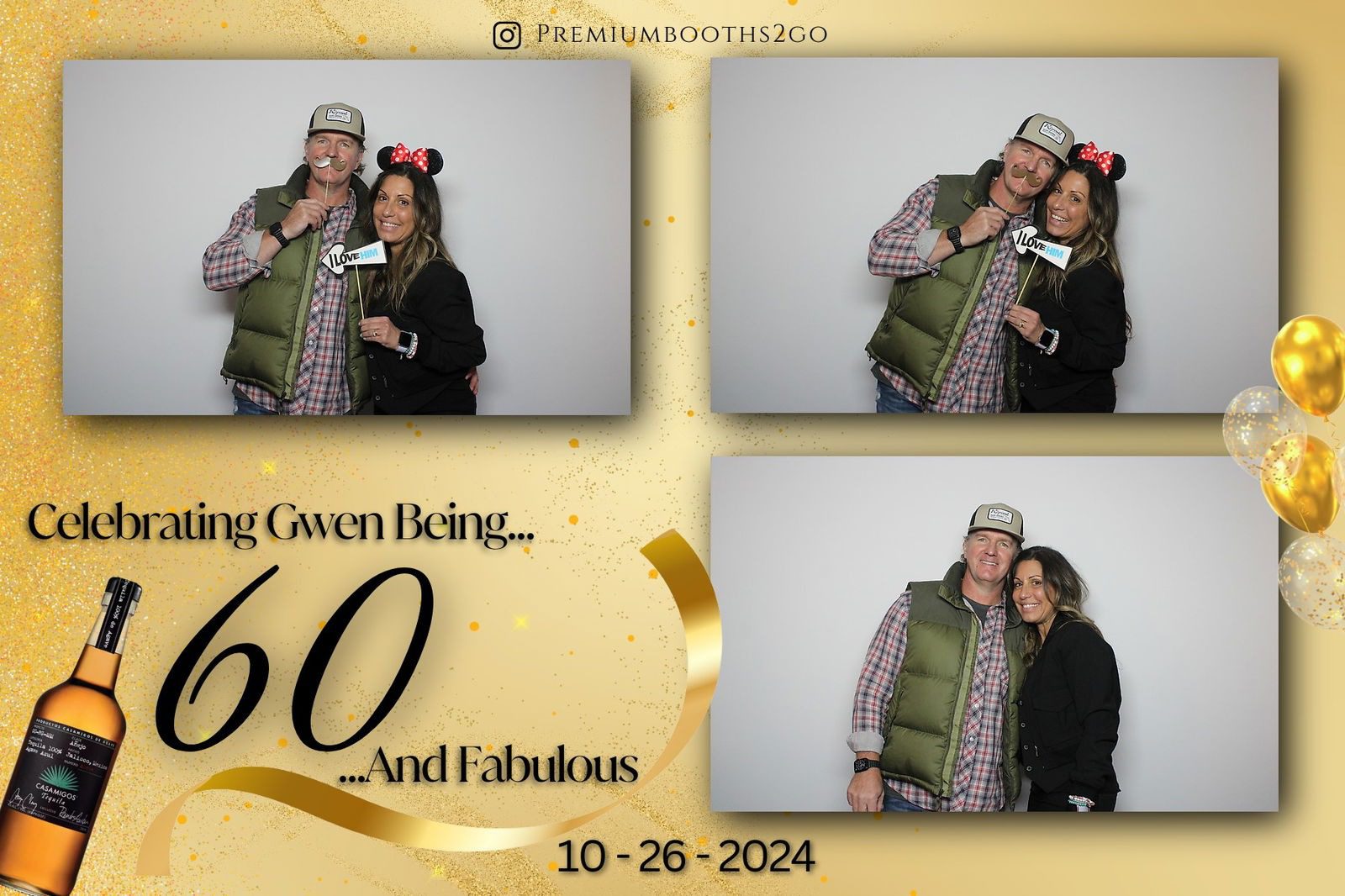 Couple celebrates a 60th birthday with fun photo booth pictures.