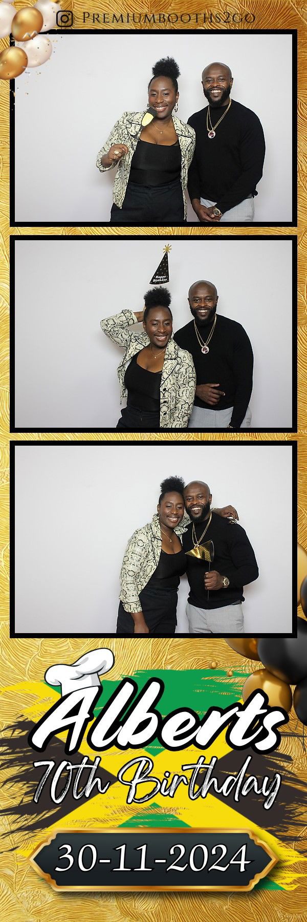 A joyful couple poses together in two photos, smiling and embracing.