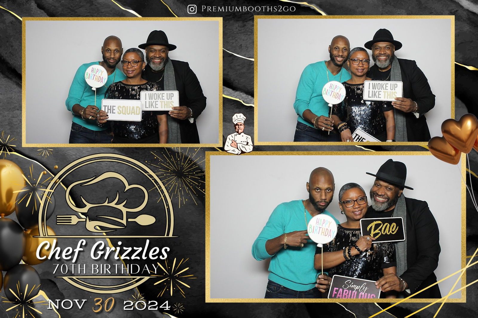 Four people joyfully posing with photo booth props at a Grizzles event.