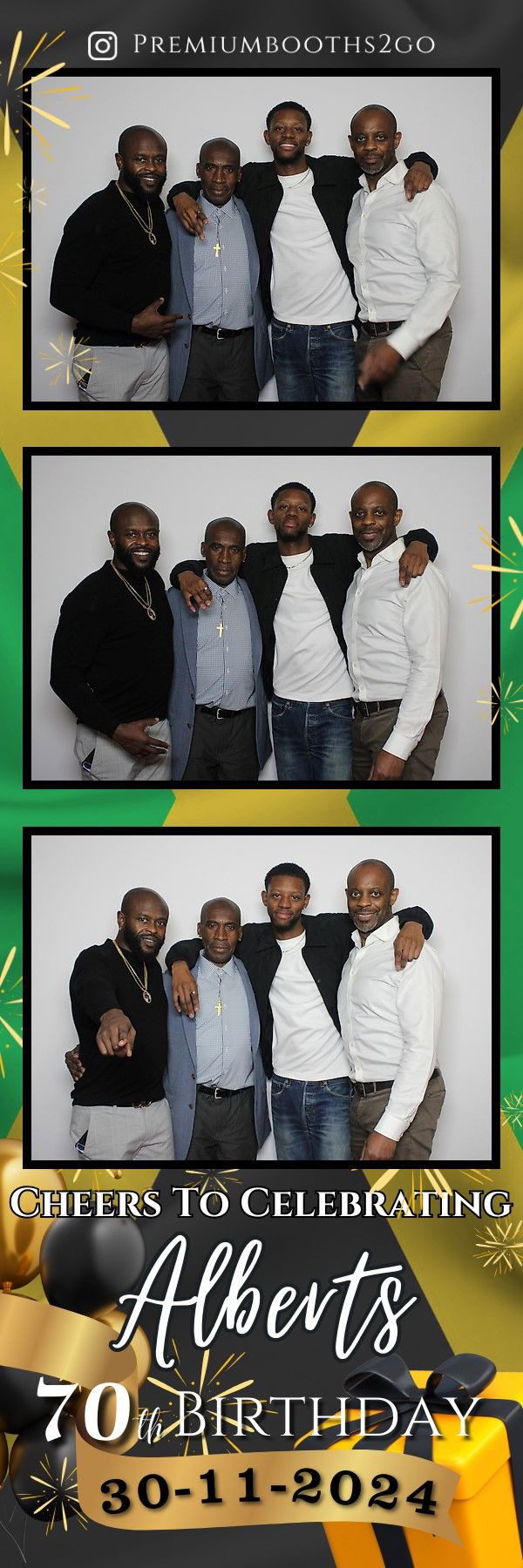 Group of friends posing together in two photos with green and white backgrounds.