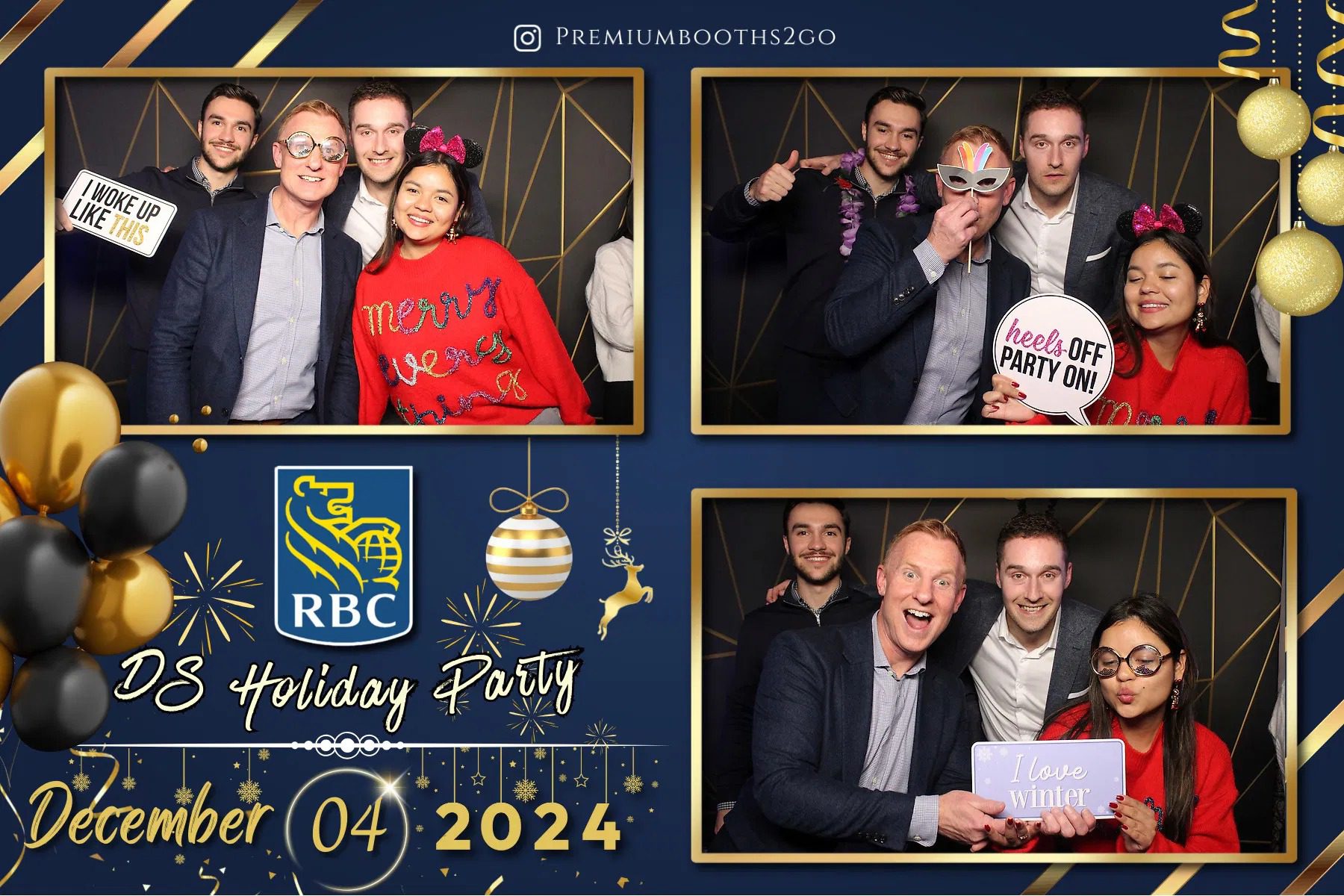 Friends enjoying a festive photo booth at an RBC holiday party in December 2024.