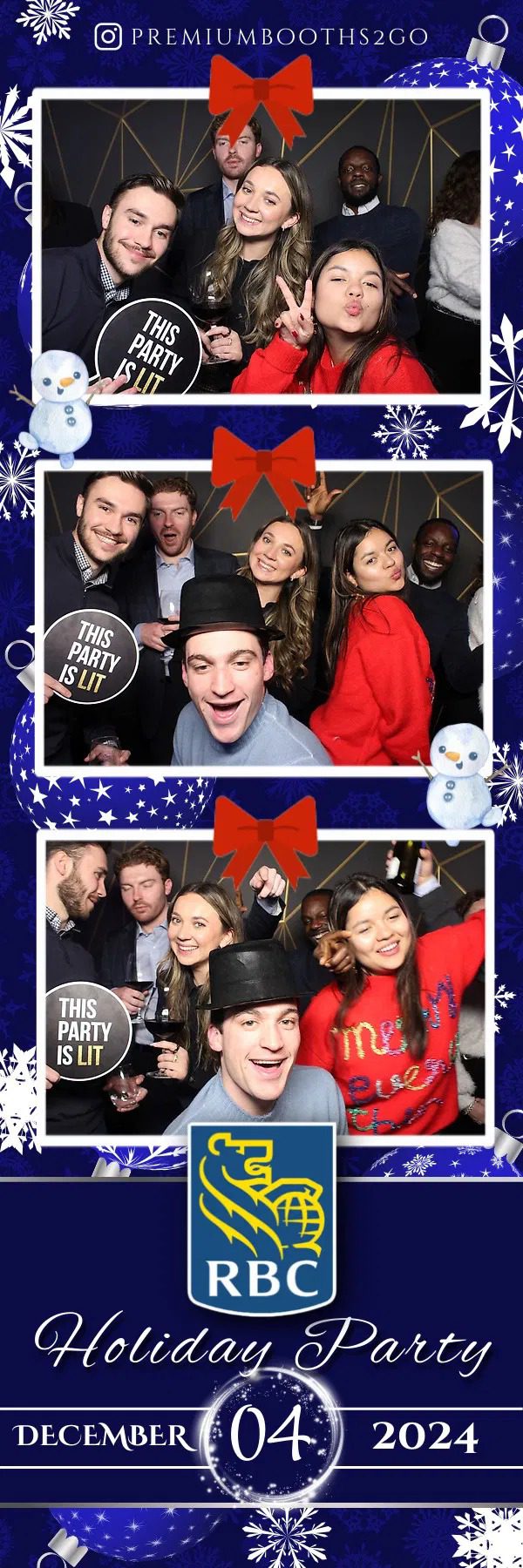 Friends having fun in a festive holiday photo booth with props and decorations.
