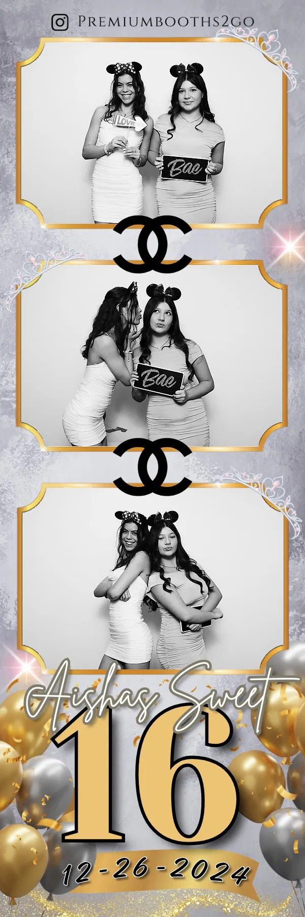 Two women posing together with Chanel logos and playful accessories.