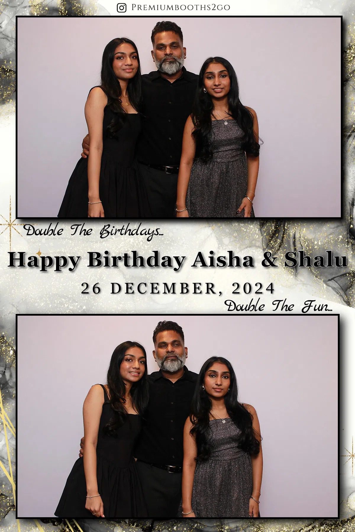 Two women celebrating a joint birthday with smiles and stylish outfits.