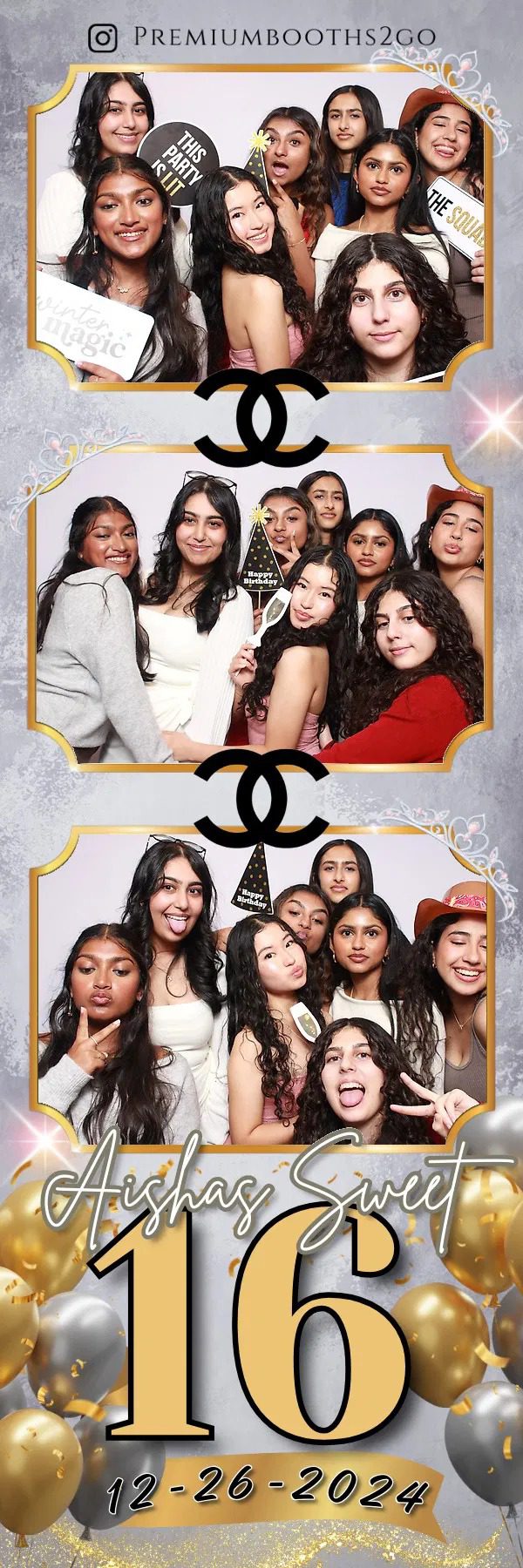 Group of friends posing together in two photo frames with a Chanel logo.