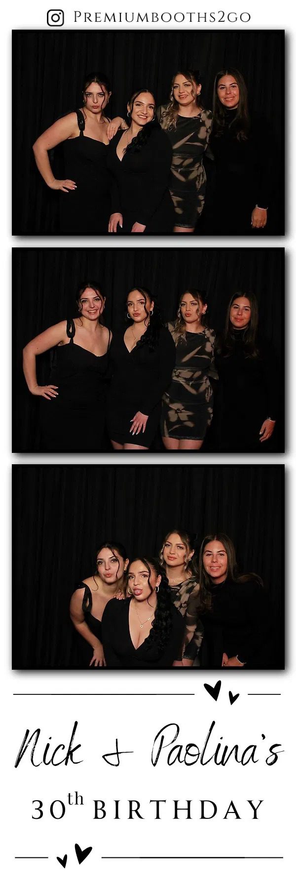 Four women posing together in elegant black outfits against a dark backdrop.