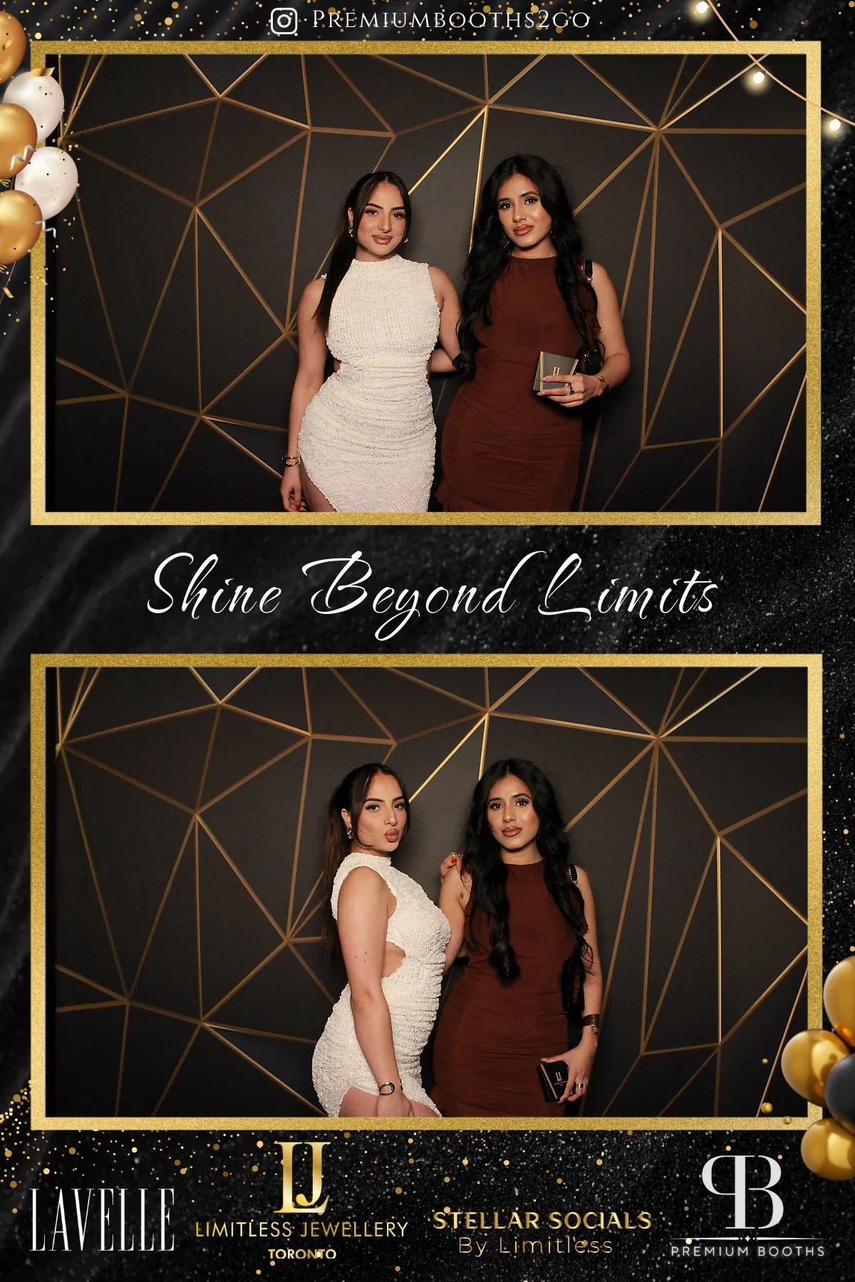 Two women posing elegantly in white and brown dresses against a geometric gold and black backdrop.
