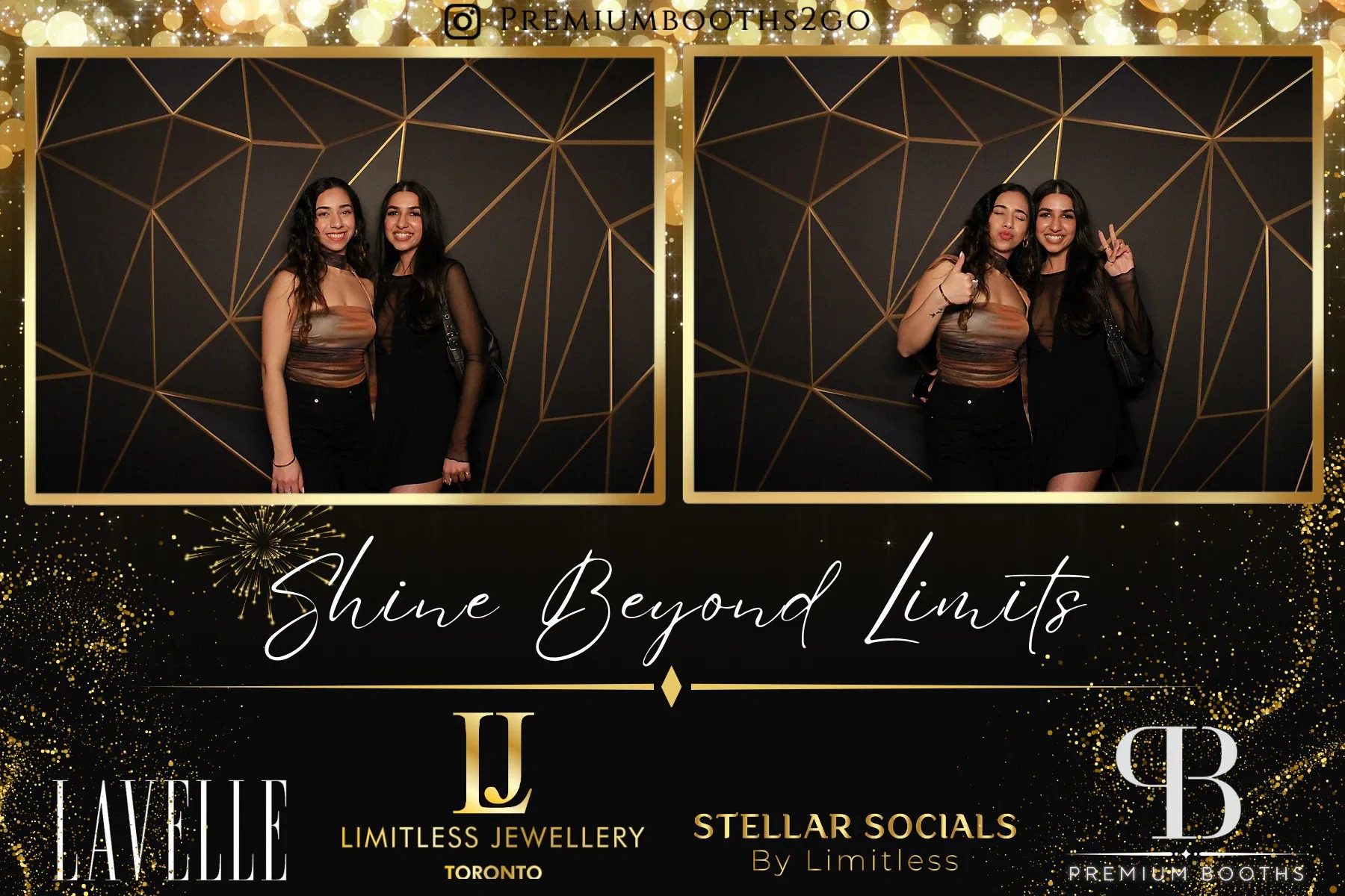 Two women posing together in a stylish photo booth with "Shine Beyond Limits" text.