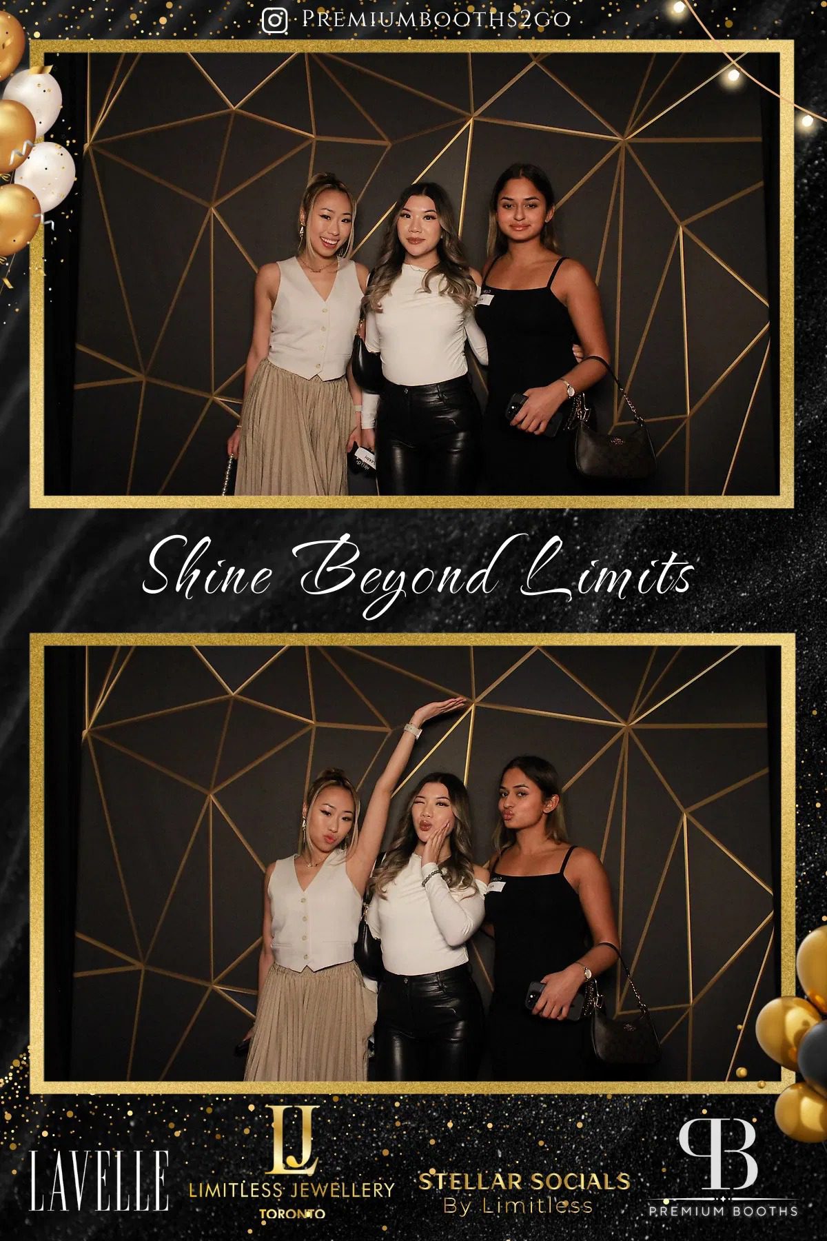 Three women posing elegantly at a Shine Beyond Limits event with geometric gold backdrop.