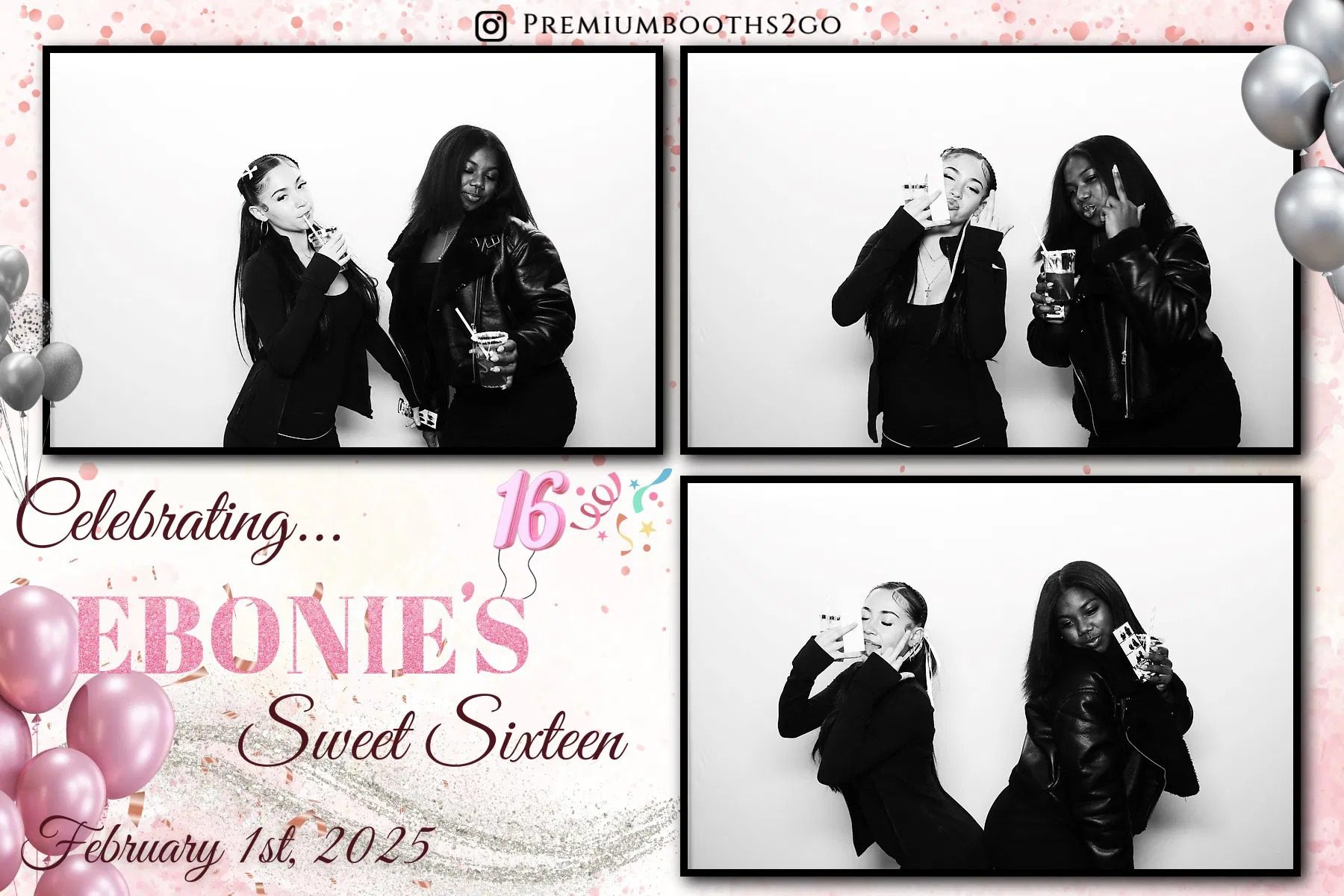 Two friends posing playfully in a sweet sixteen photo booth.