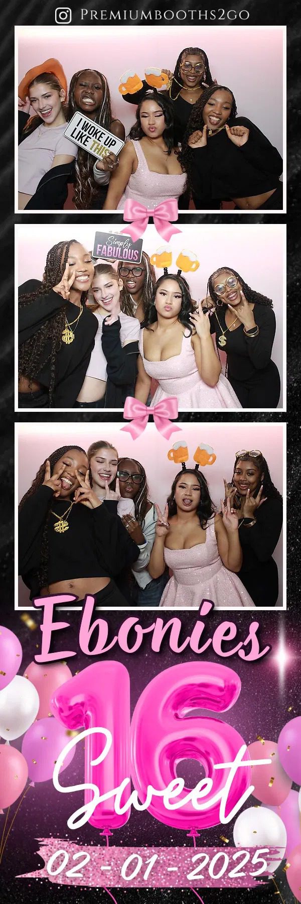Four friends posing joyfully in a photo booth with playful props and gestures.