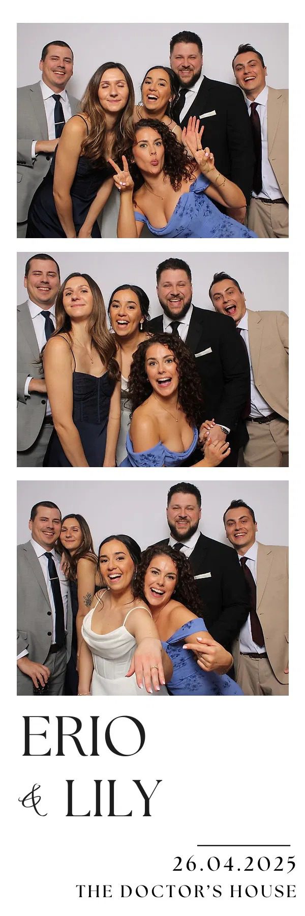 Two joyful group photos of friends dressed formally, smiling and posing together.