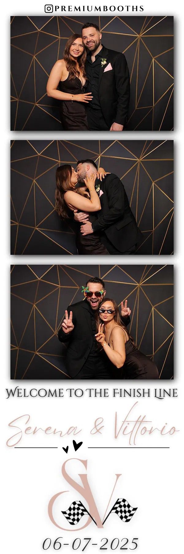 Two people posing playfully with sunglasses in front of a geometric backdrop.