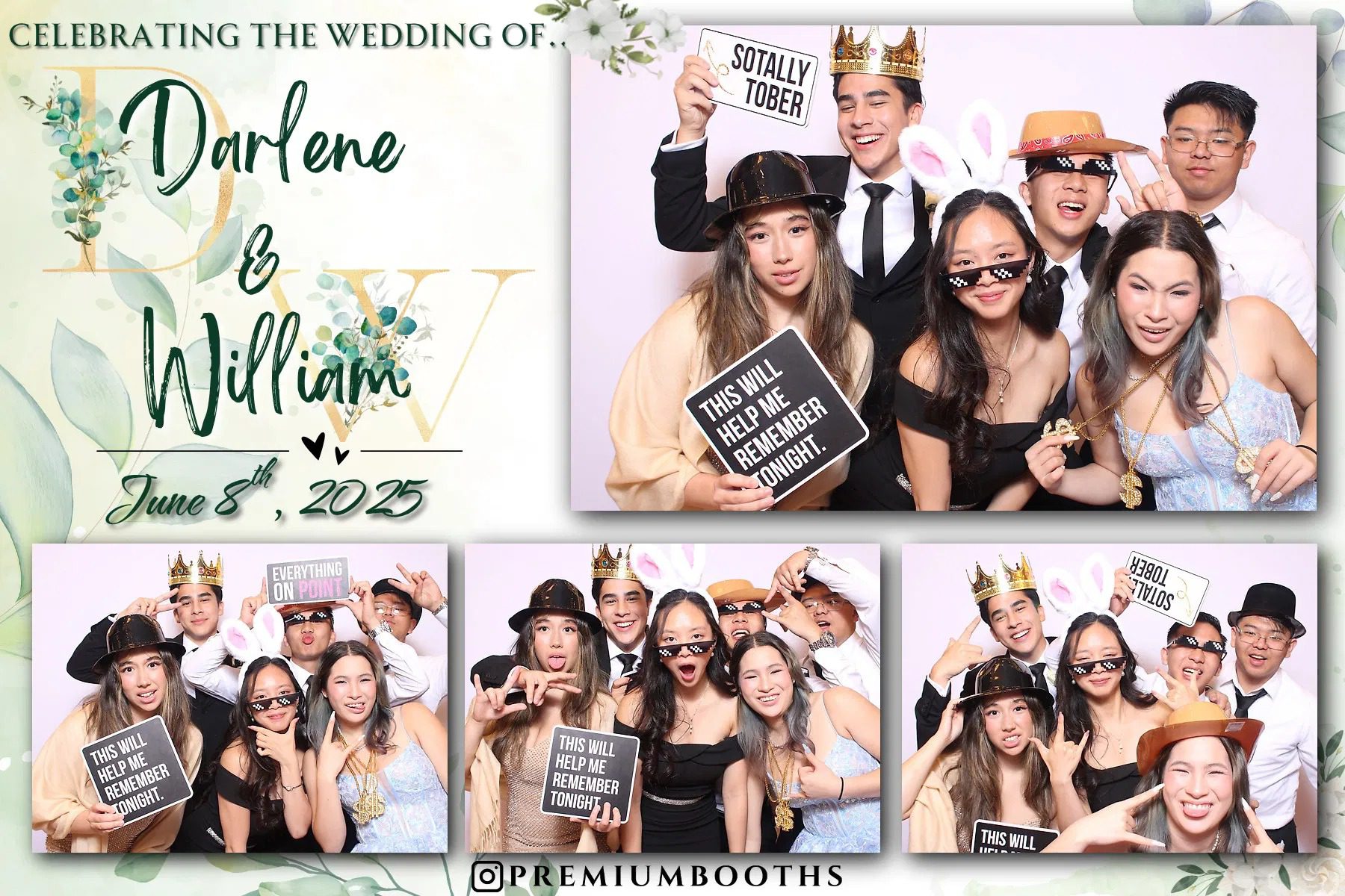 Friends celebrating at a wedding photo booth with fun props and signs.