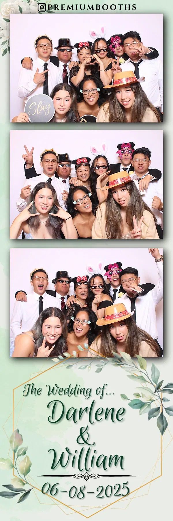 Group of friends posing joyfully with playful props in a photo booth.
