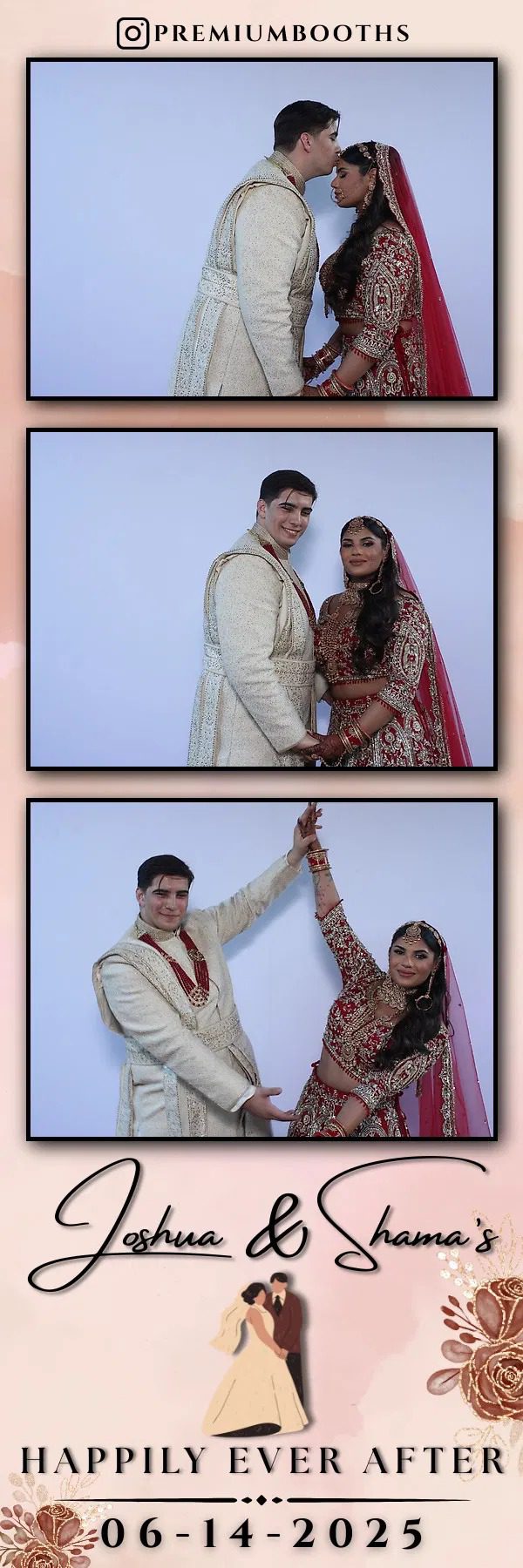 A couple in traditional Indian wedding attire posing joyfully.