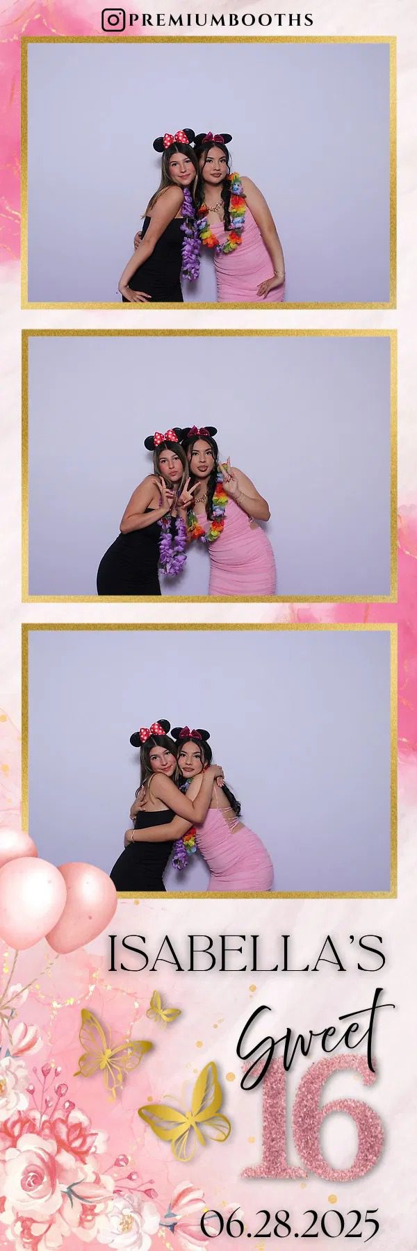 Two women wearing Minnie Mouse ears and colorful accessories posing playfully.