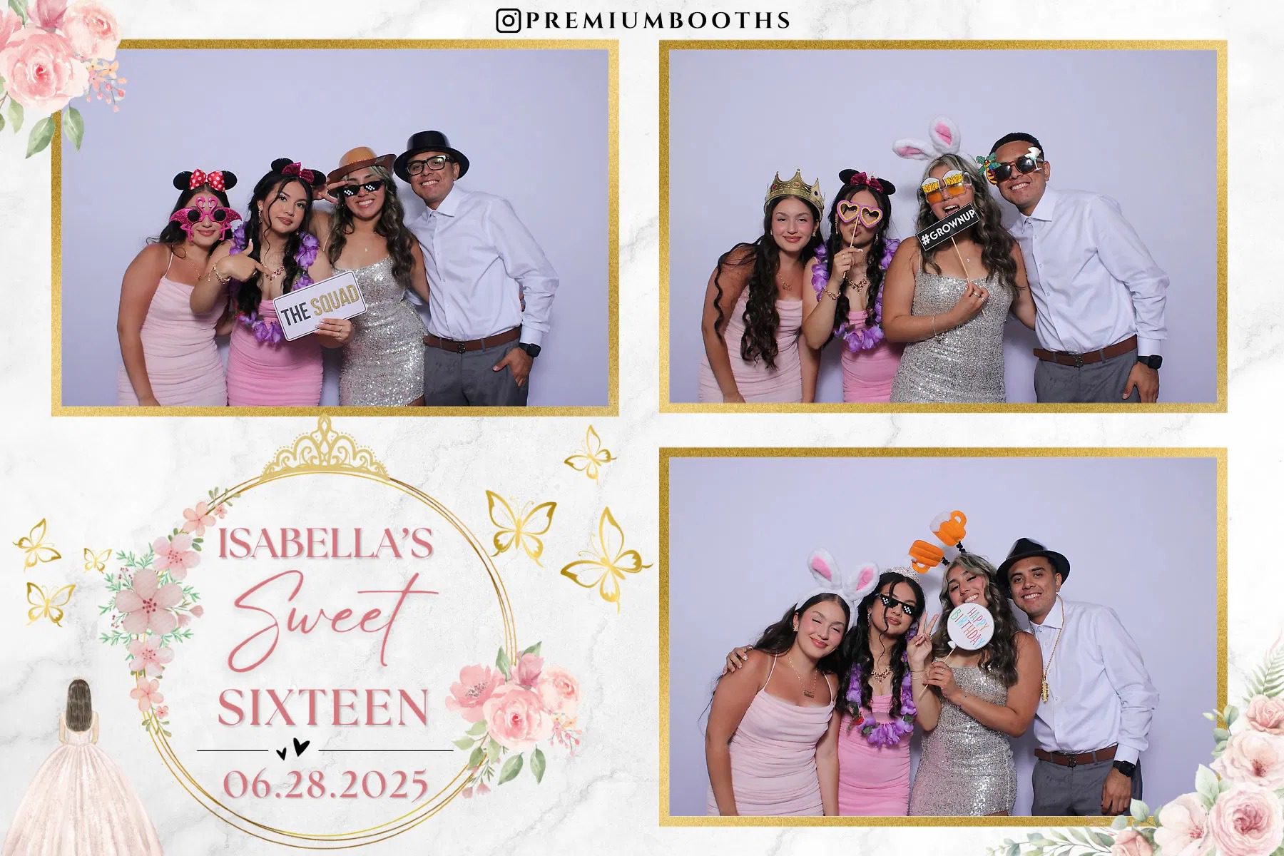 Friends celebrating a Sweet Sixteen party with props and smiles.