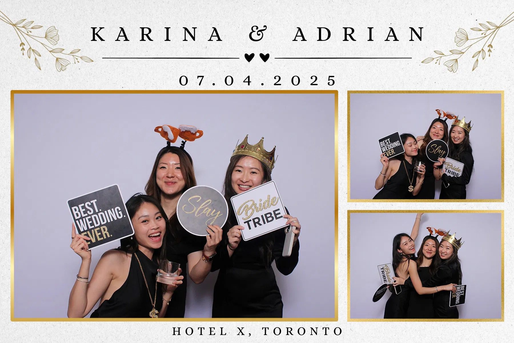 Three friends posing with props at a wedding photo booth in Toronto.