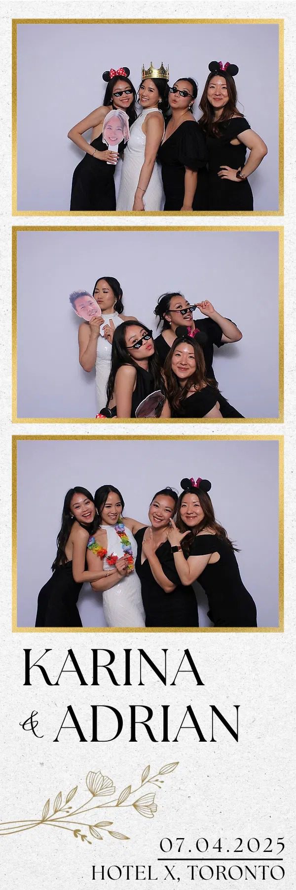 Four friends posing playfully in a photo booth with fun accessories.