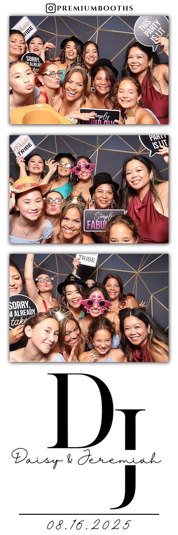 Friends joyfully posing with fun props in a photo booth.