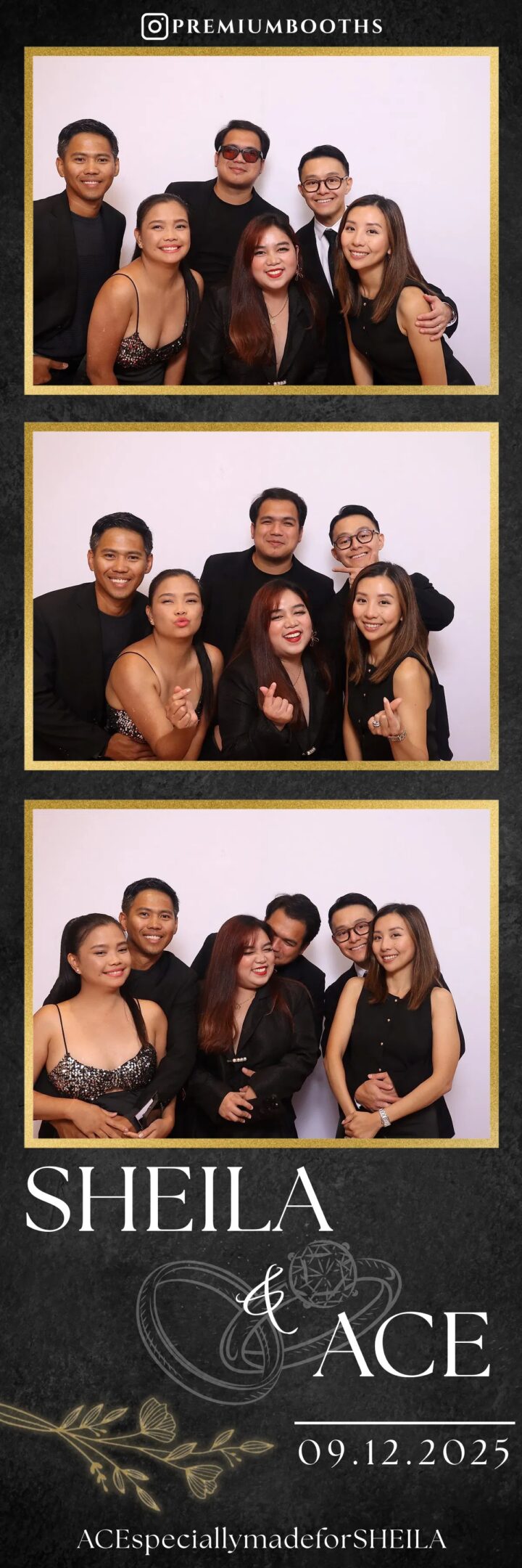 Group of six friends posing happily in two photo booth shots.