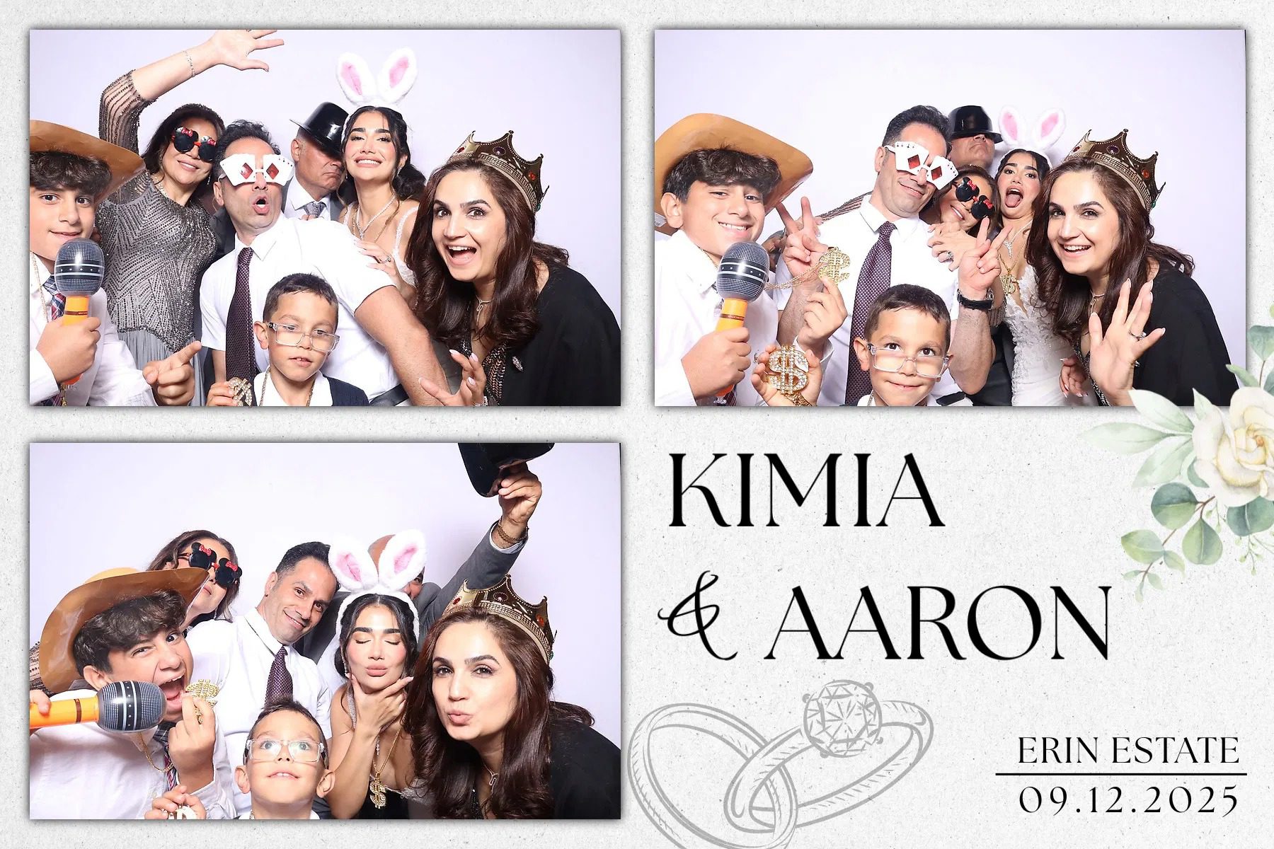 Four photo booth pictures of a group having fun with props and funny faces.