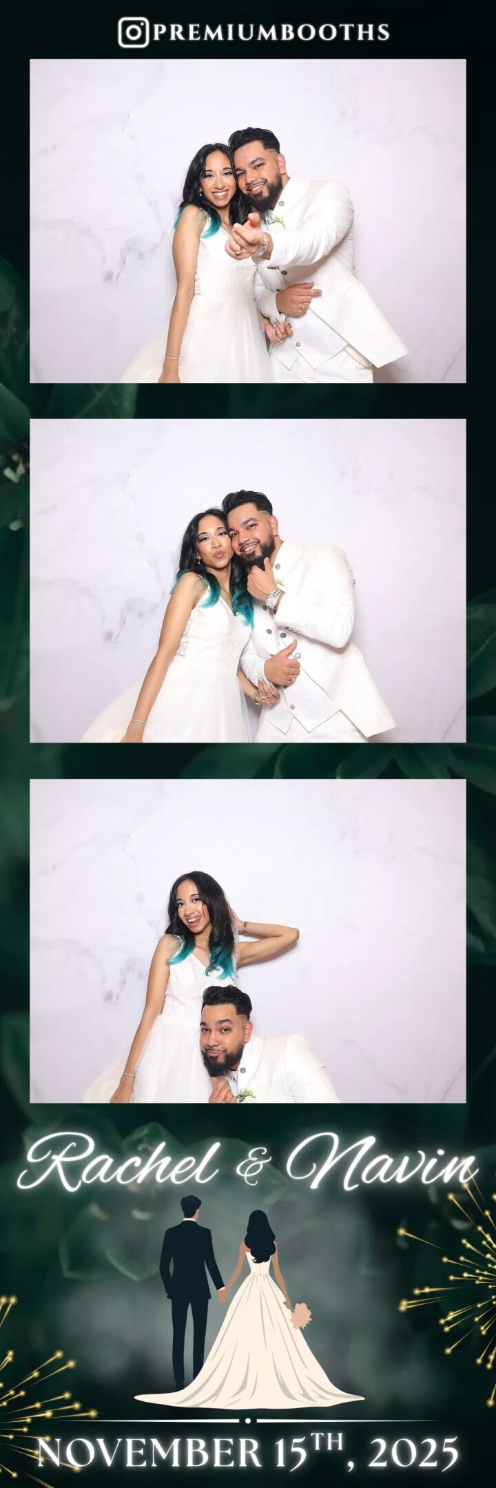 Young woman posing with a man in white suit in photo booth.